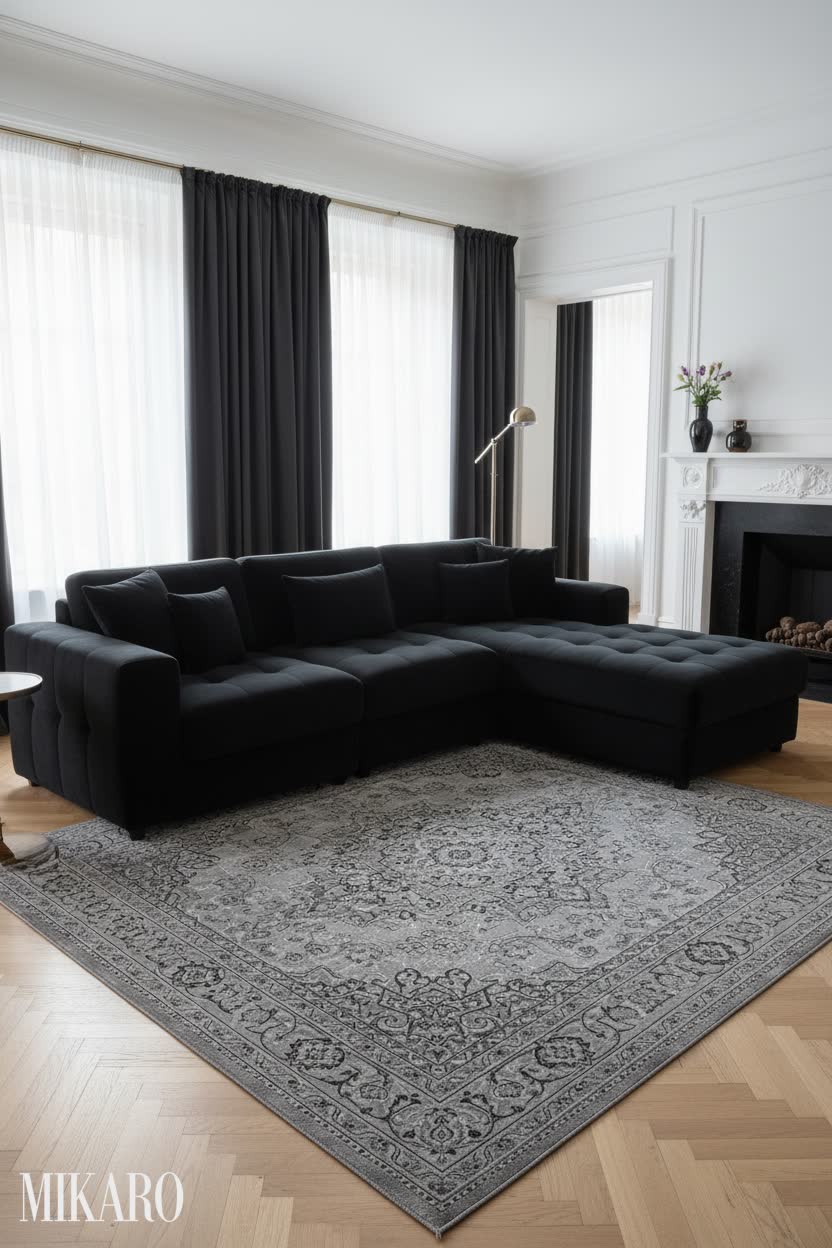 Timeless Elegance: Black Boucle & Persian Rug in a Contemporary Living Room