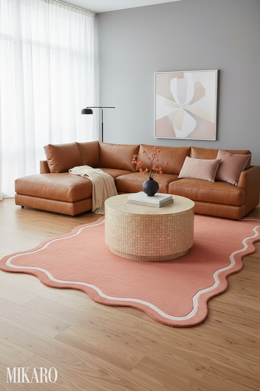 Contemporary Comfort: Cognac Leather & Wavy Coral Pink