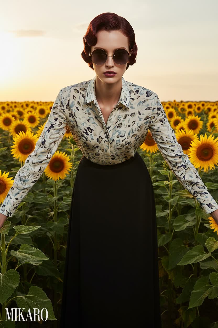 Abstract Floral Blouse with Black Maxi Skirt Ensemble