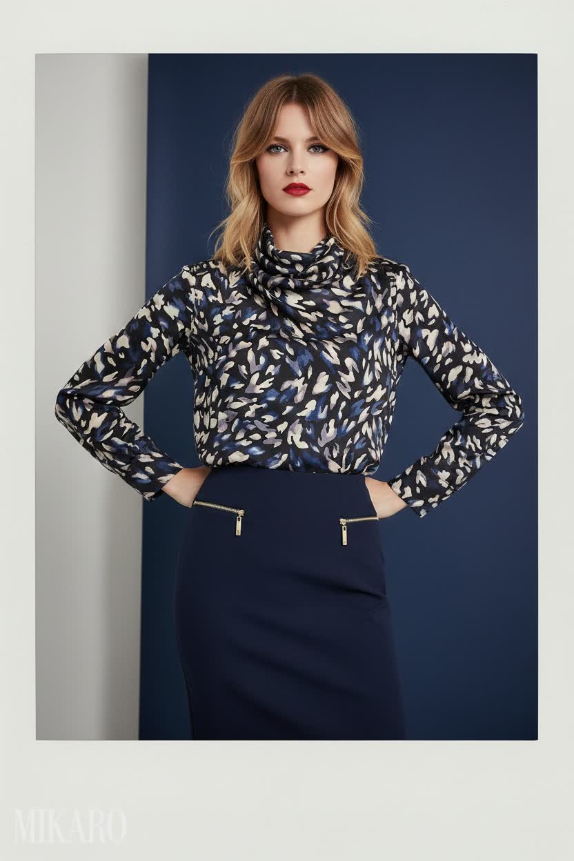 Abstract Print Top & Navy Pencil Skirt