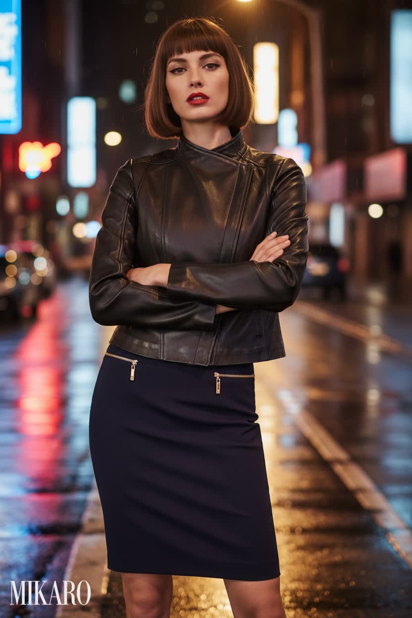 Arezzo Black Leather & Midnight Pencil Skirt Ensemble