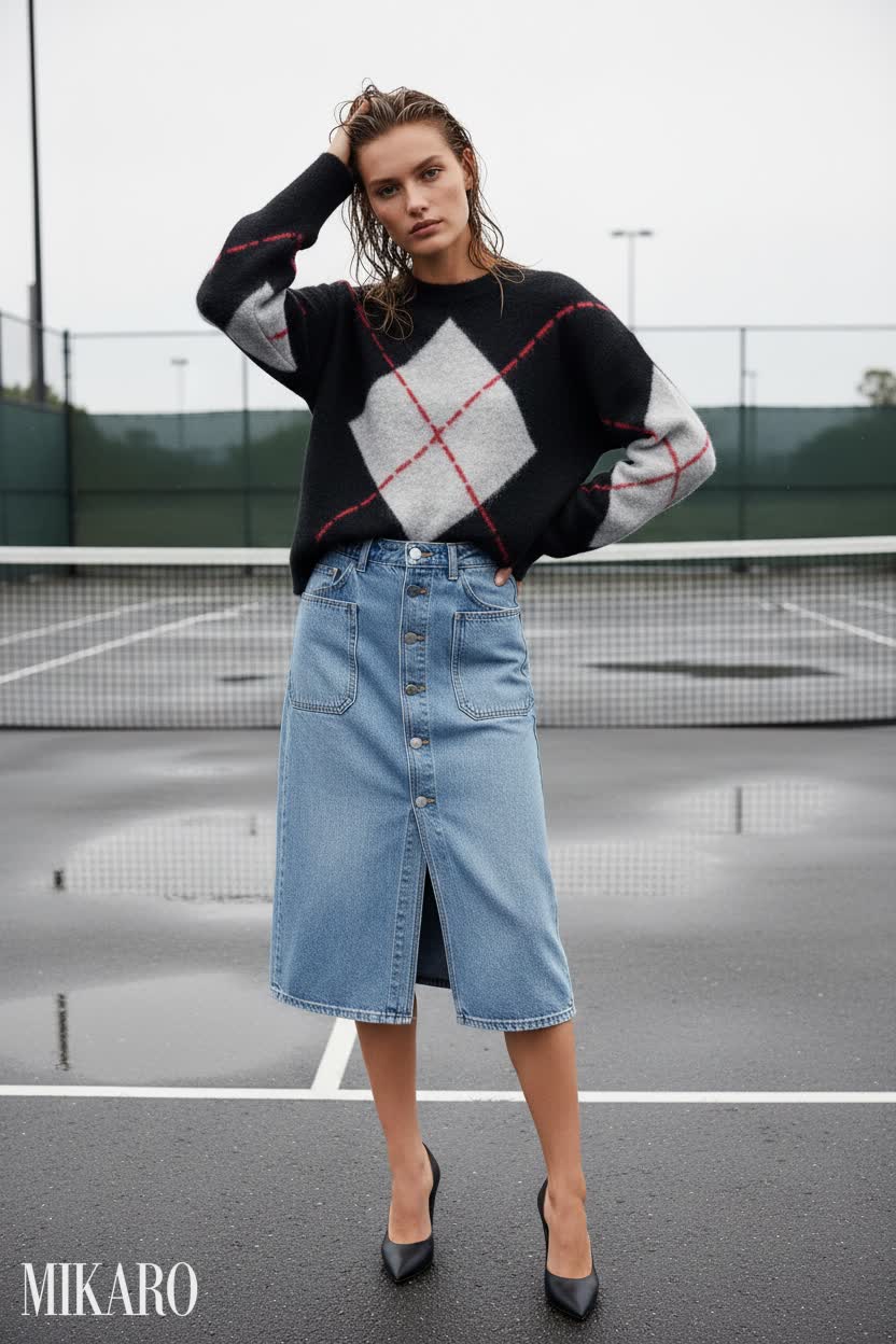 Argyle Jumper & Denim Midi Skirt