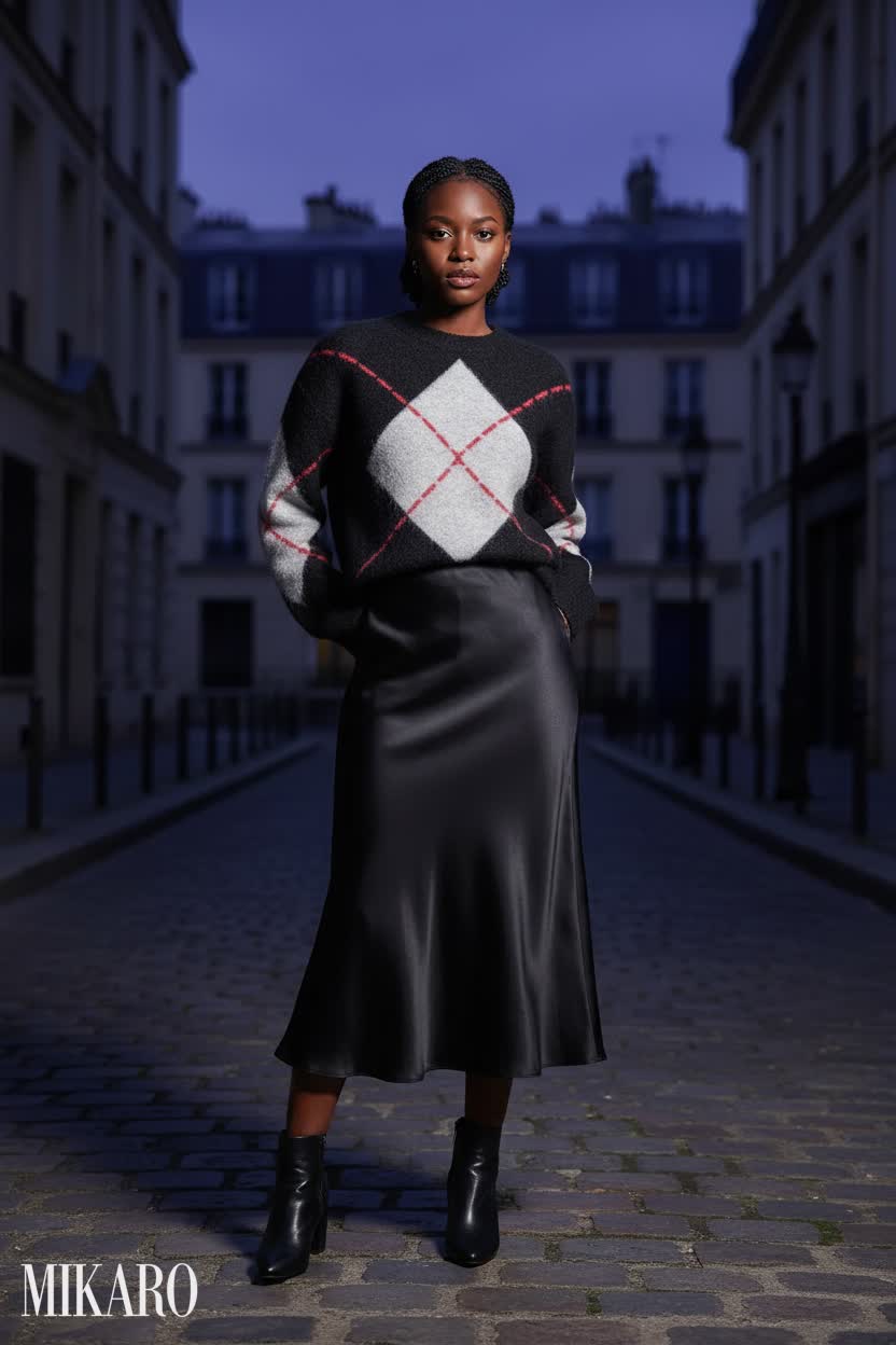 Argyle Jumper & Satin Midi Skirt Ensemble