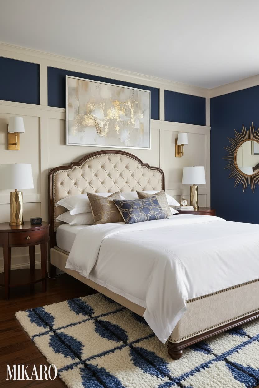 Art Deco Bedroom Retreat: Luxury Tufted King Bed, Wool Rug, & Abstract Canvas Wall Art