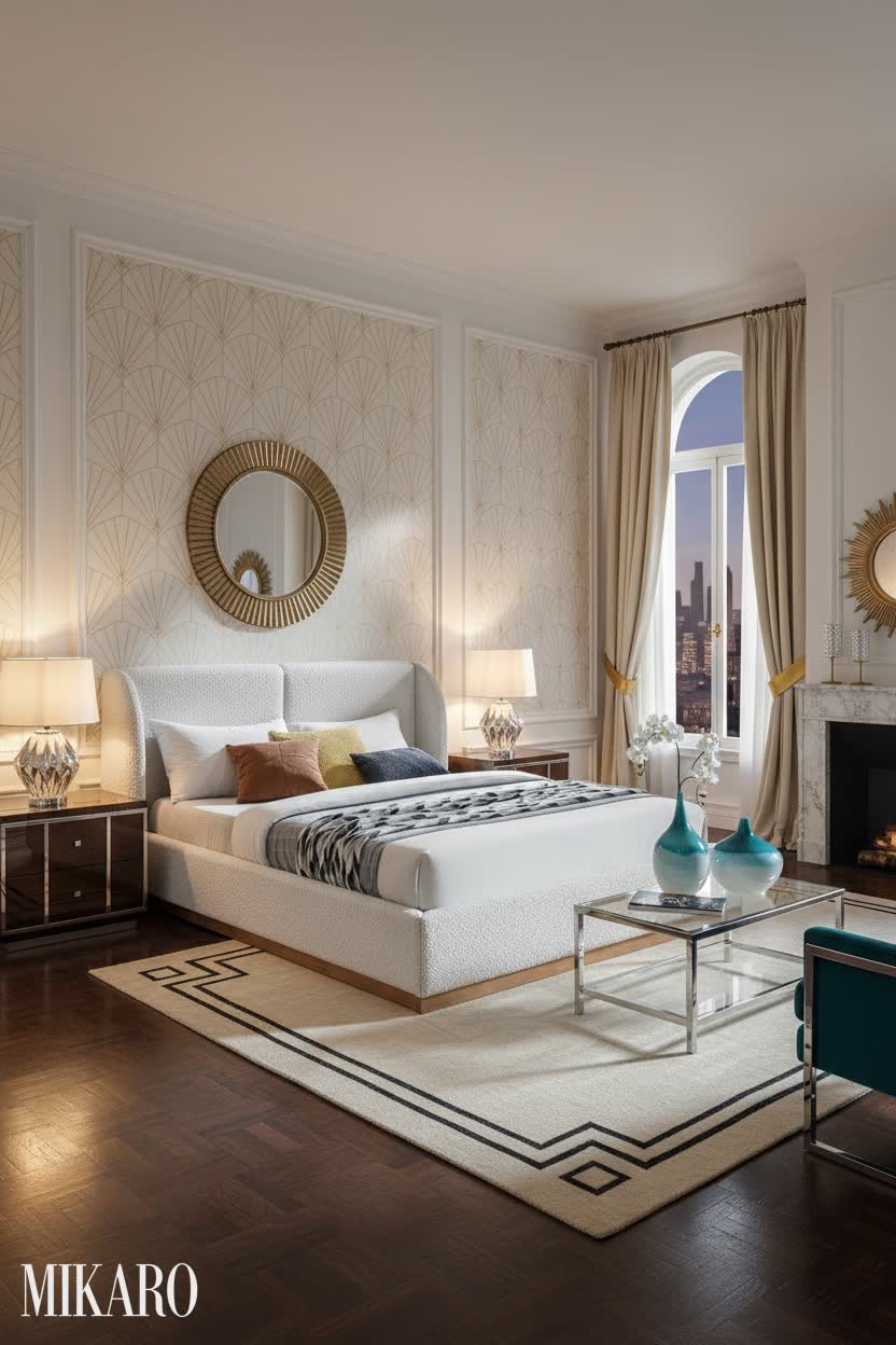 Art Deco Dream Bedroom: Boucle Bed, Teal Vases & Power Recliner Sofa for Elegant Living