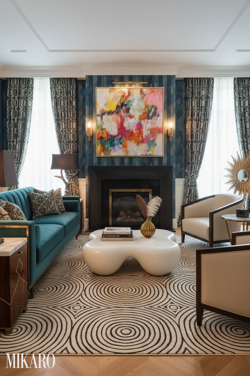 Art Deco Living Room Design: Abstract Art, Cloud Coffee Table & Stag Horn Lamp