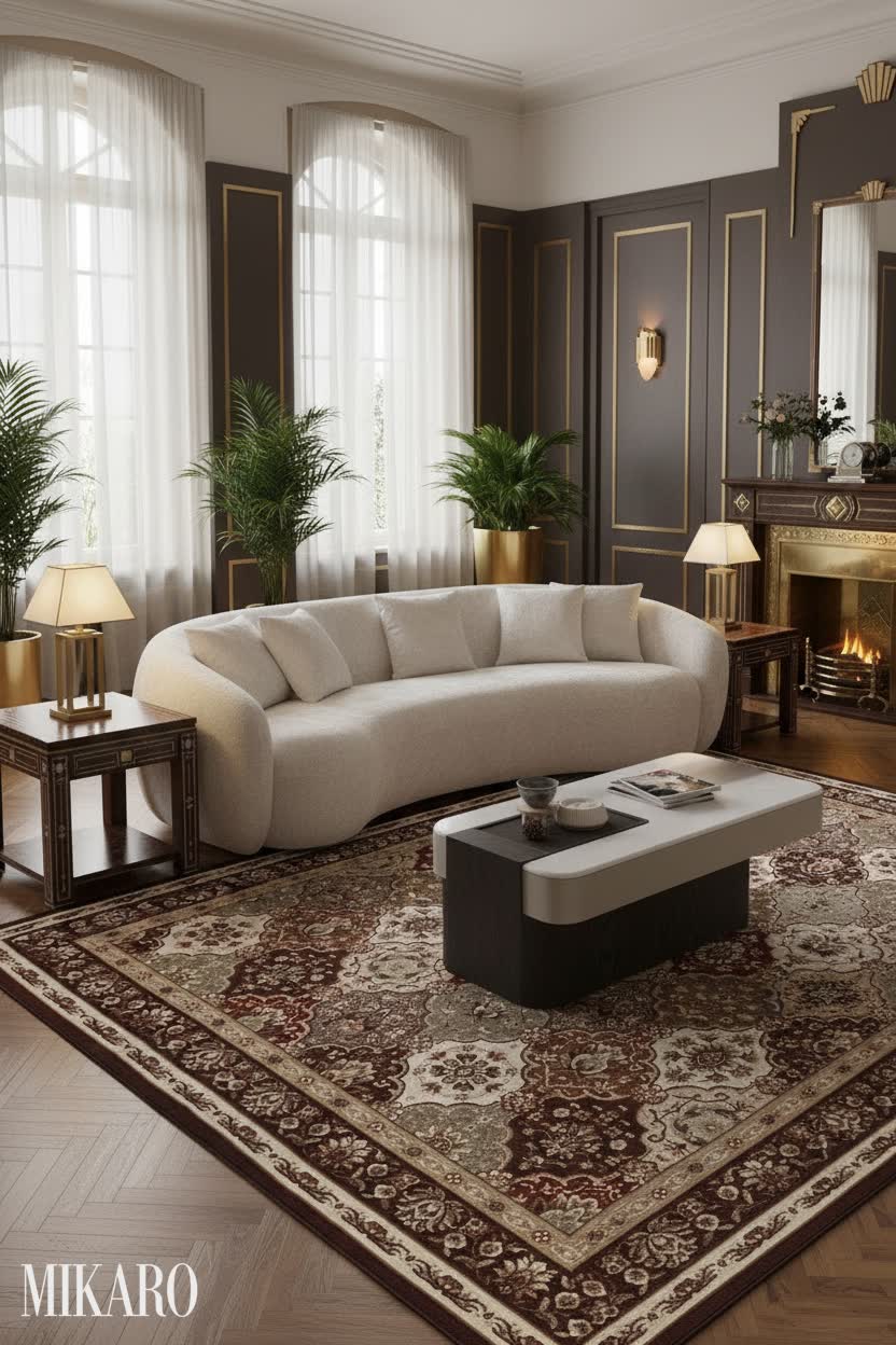 Art Deco Living Room Elegance: Curved Sofa, Marble Coffee Table, & Plush Rug