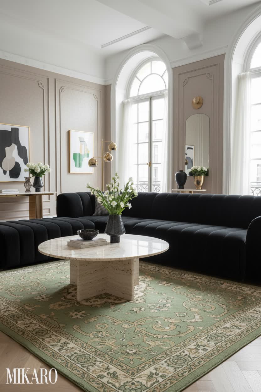 Art Deco Living Room: Faux Marble Coffee Table, Wool Rug & Black Boucle Sofa