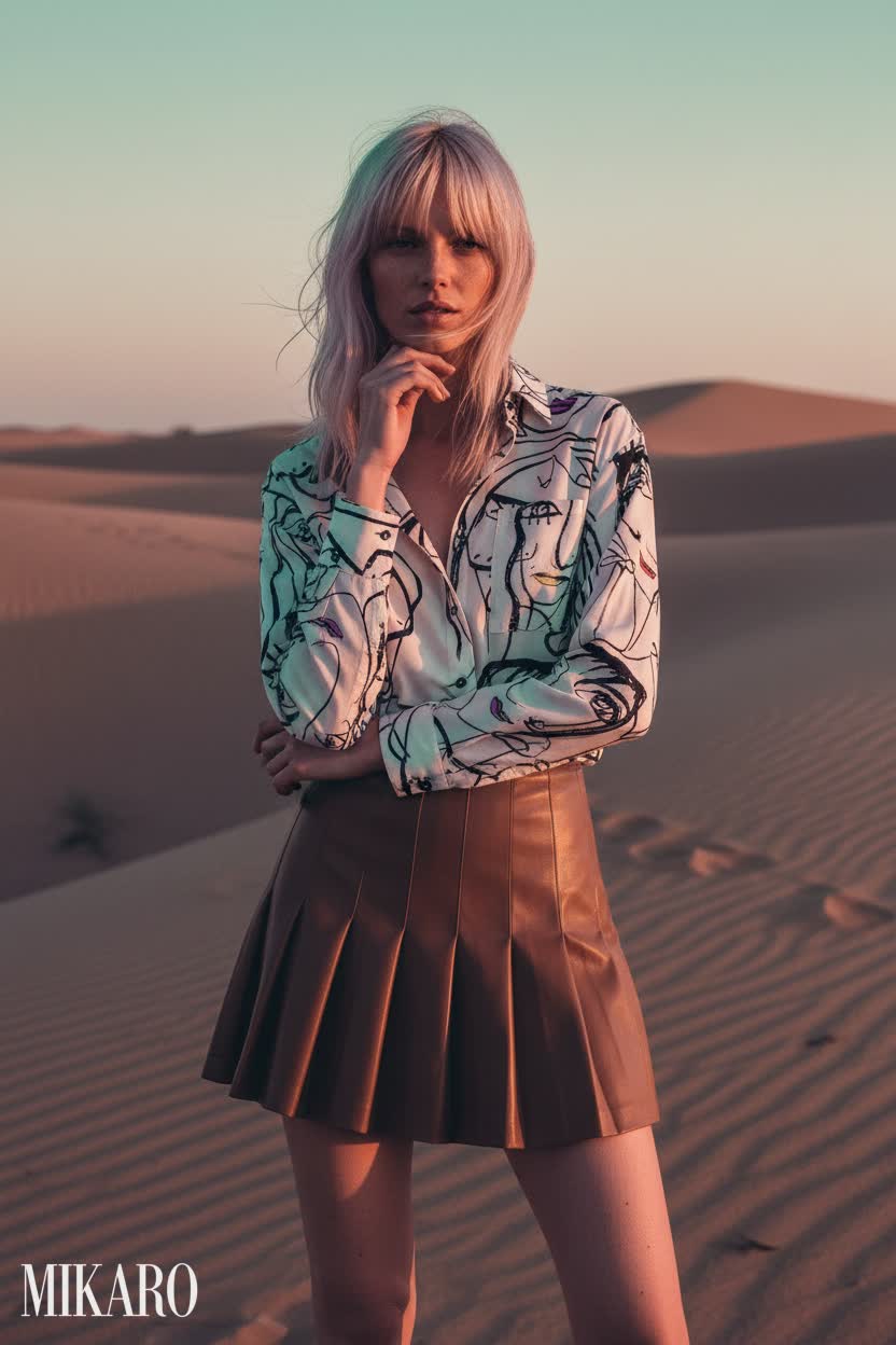 Arty Faces Shirt and Pleated Vegan Leather Skirt Ensemble