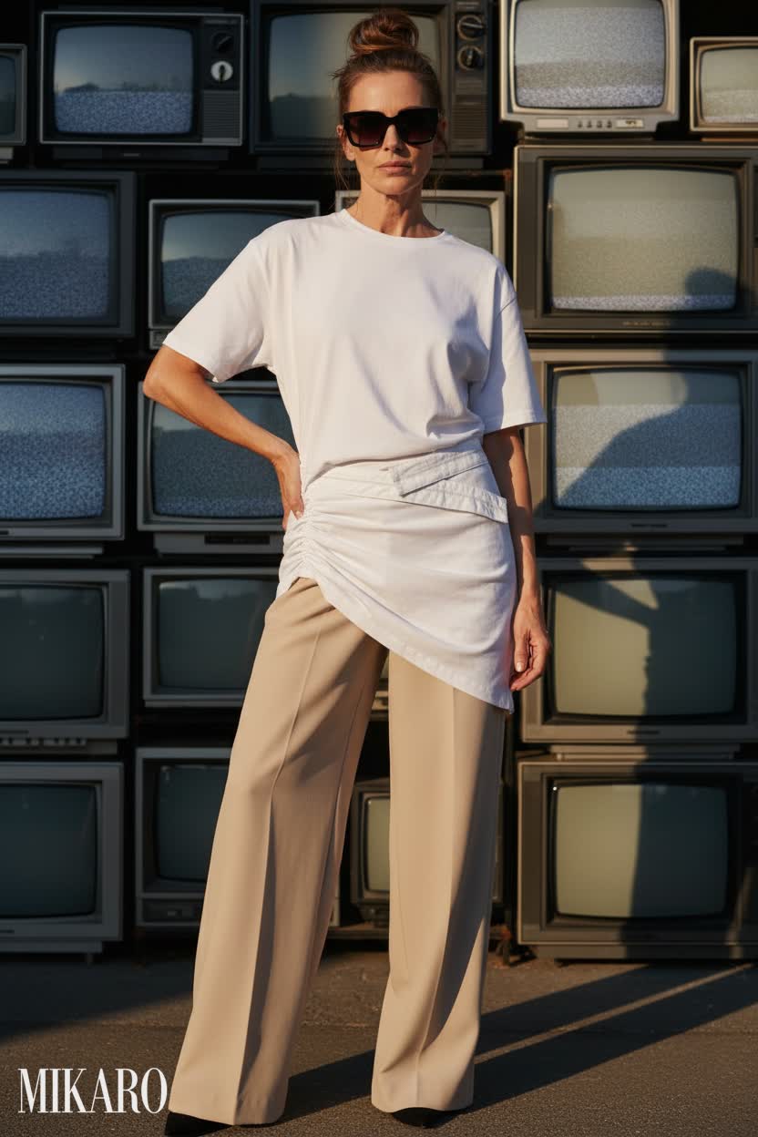Asymmetric Draped Tee & Wide-Leg Trousers