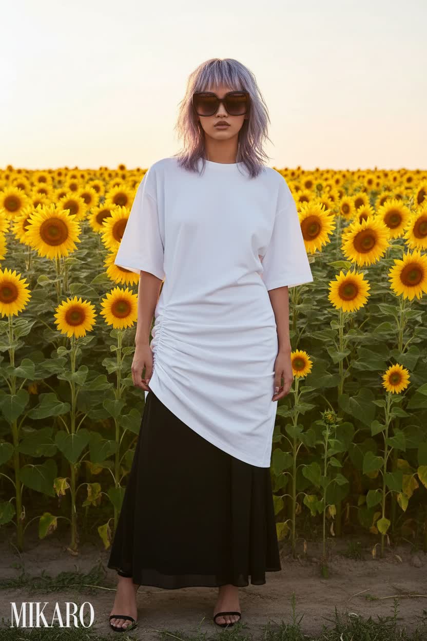 Asymmetrical T-Shirt Dress with Maxi Skirt and Statement Sunglasses
