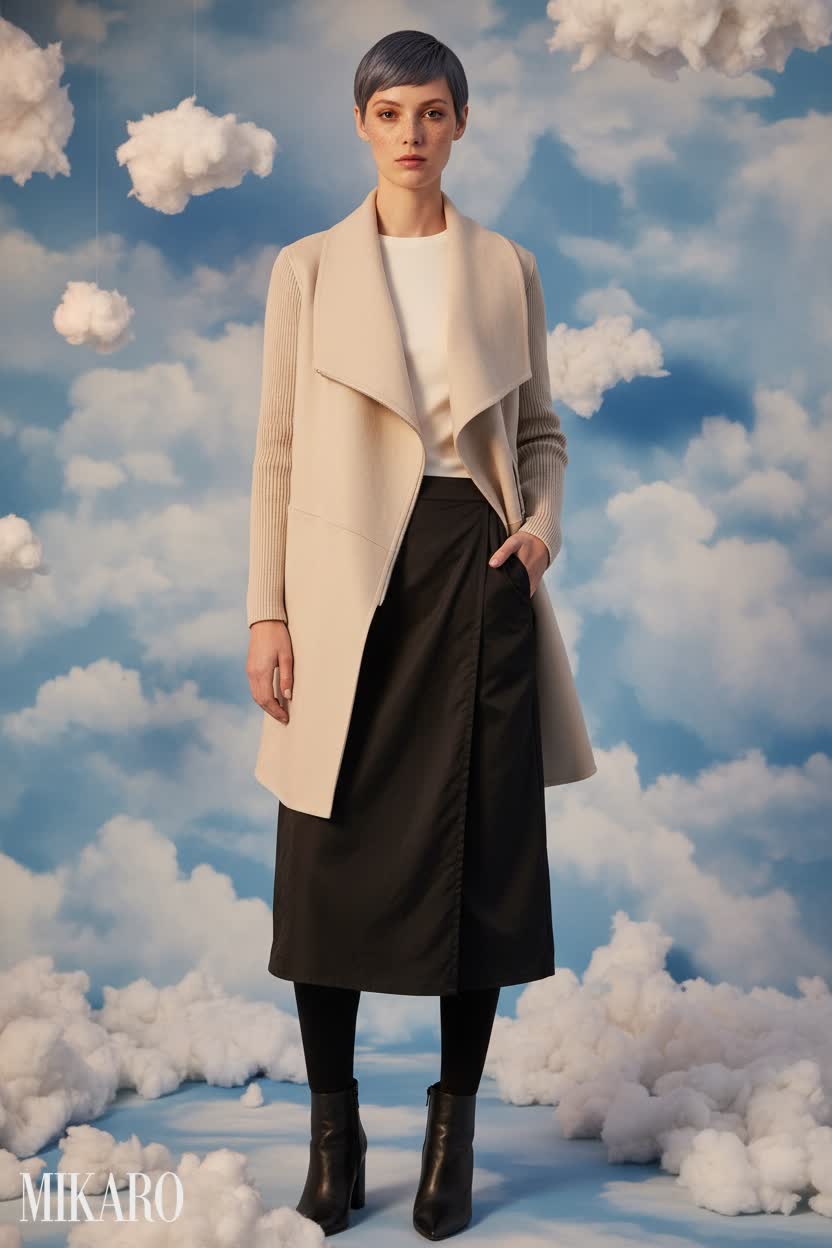 Asymmetrical Wool Coat & Wrap Skirt Ensemble