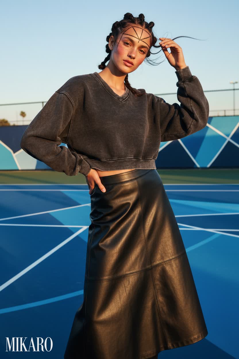 Athletic Chic: Acid Wash Hoodie & Vegan Leather Skirt on Tennis Court