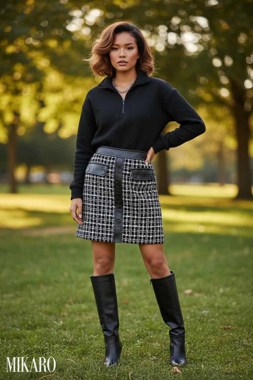 Autumn Park Chic: Plaid Skirt and Half-Zip Pullover Ensemble
