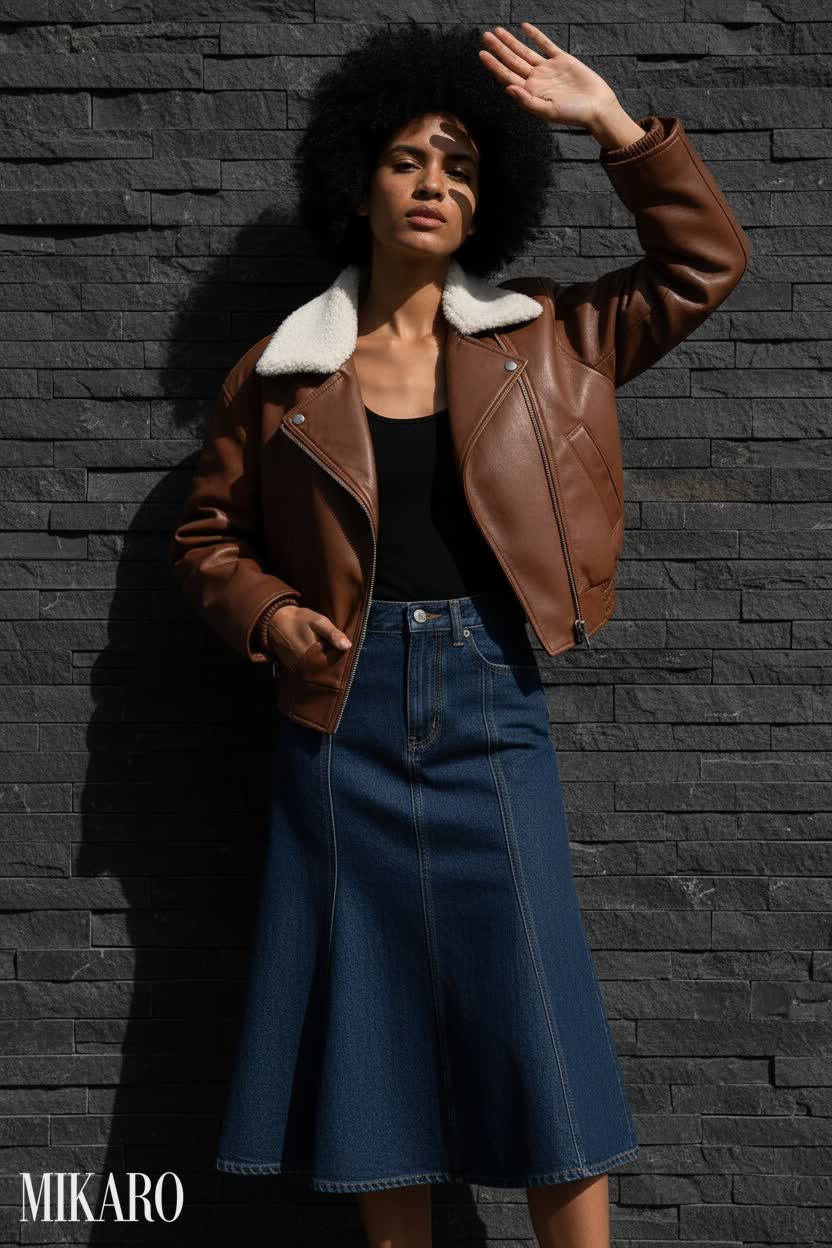 Autumn Rider: Leather Jacket and Denim Skirt