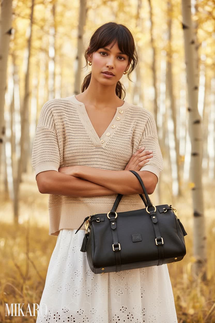 Autumnal Comfort: Knit Top, White Skirt & Black Satchel