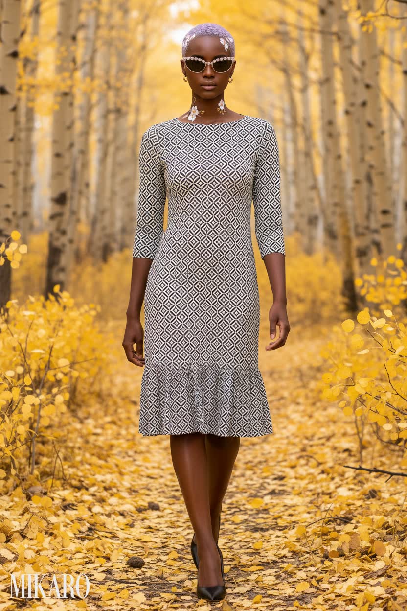 Autumnal Elegance: Geometric Dress & Crystal Sunglasses