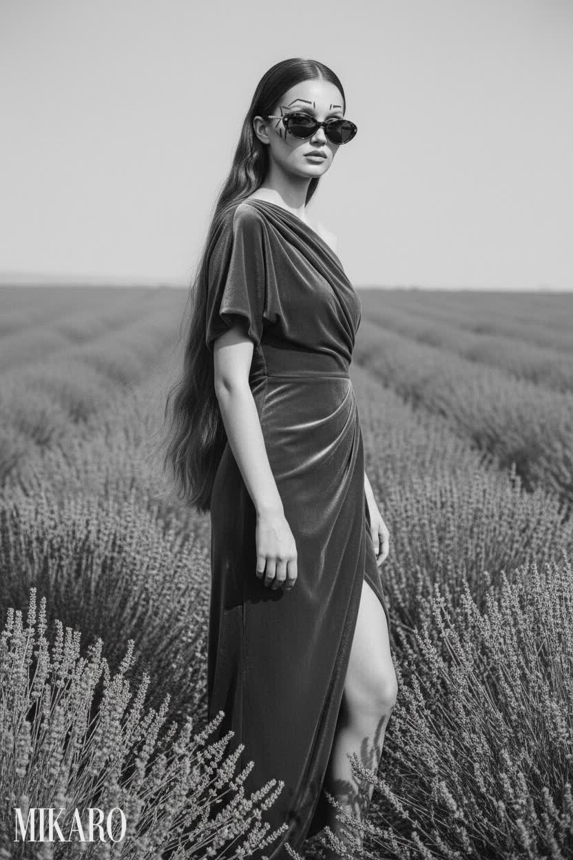 Avant-Garde Velvet Evening Gown with Oval Sunglasses