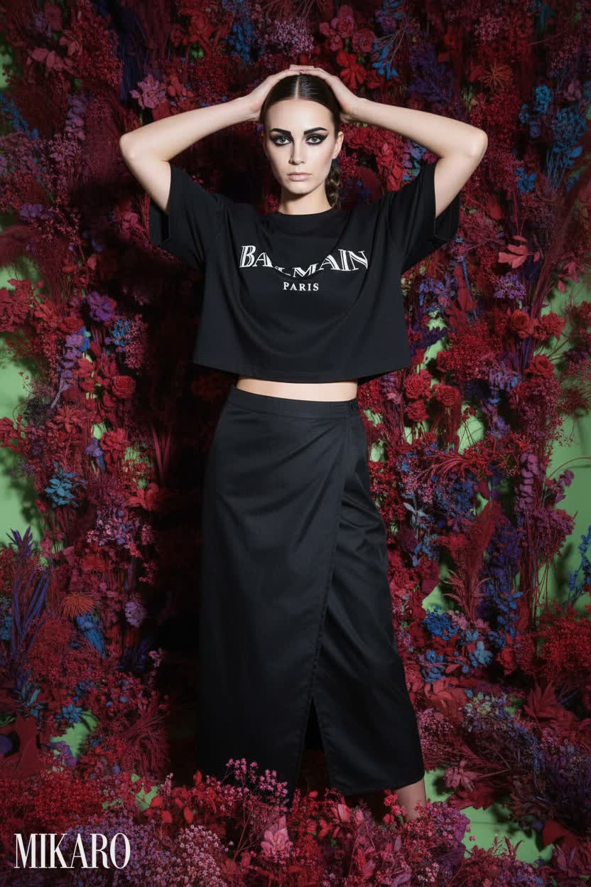 Balmain Cropped Tee & RipSkirt Wrap Skirt Ensemble