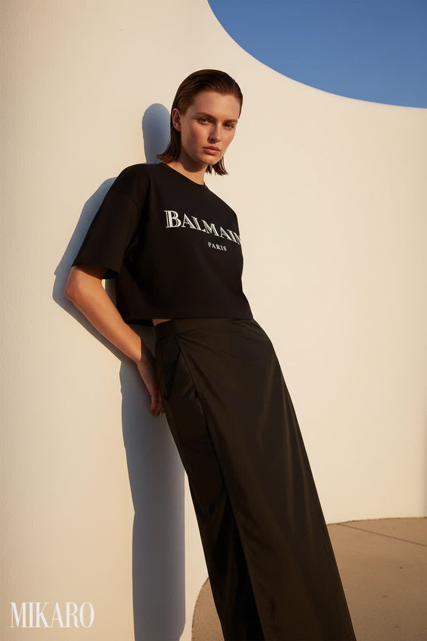Balmain Cropped Tee & Wrap Skirt Ensemble