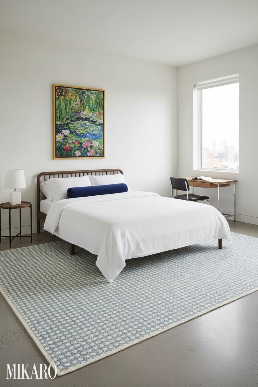Bauhaus Bedroom Oasis: Minimalist Design with Artistic Flair - Rug, Bed, & Art