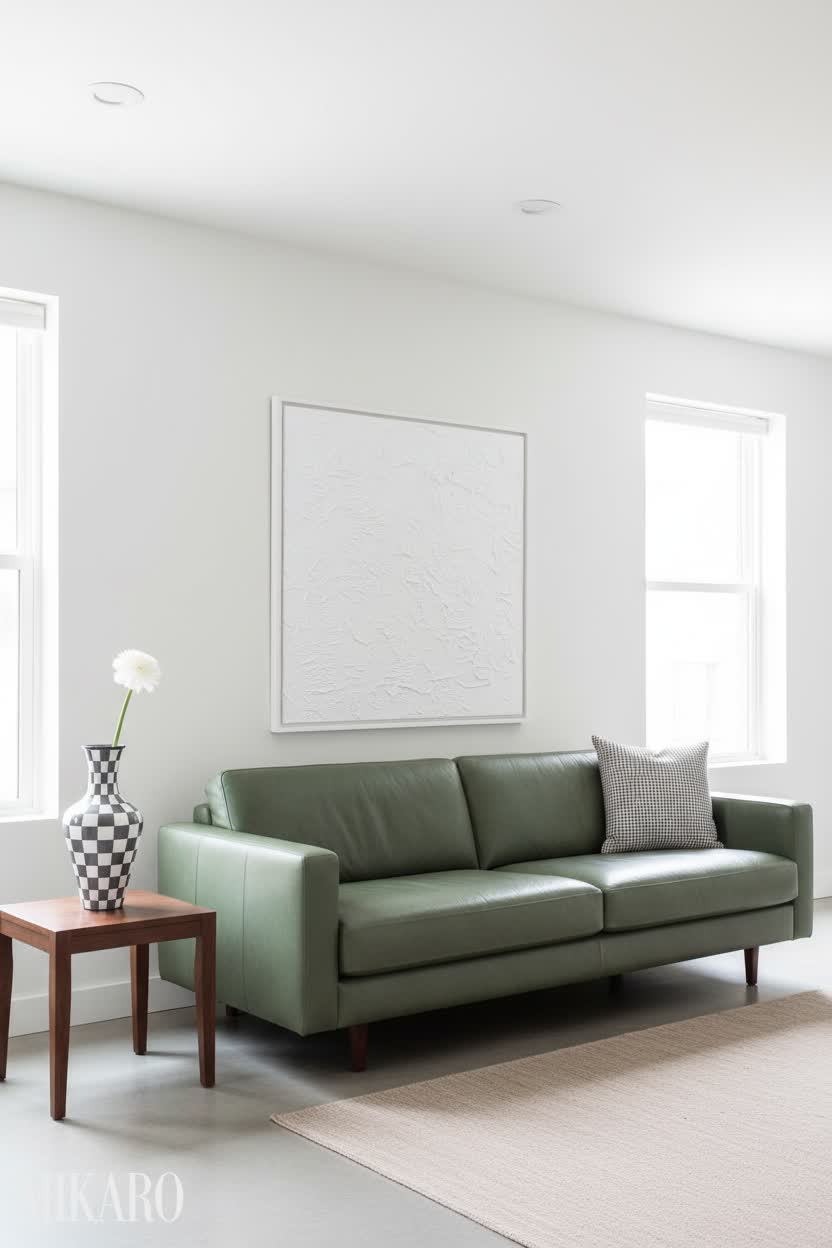 Bauhaus Chic Living Room: Moss Green Sofa & Abstract Art for Modern Interiors