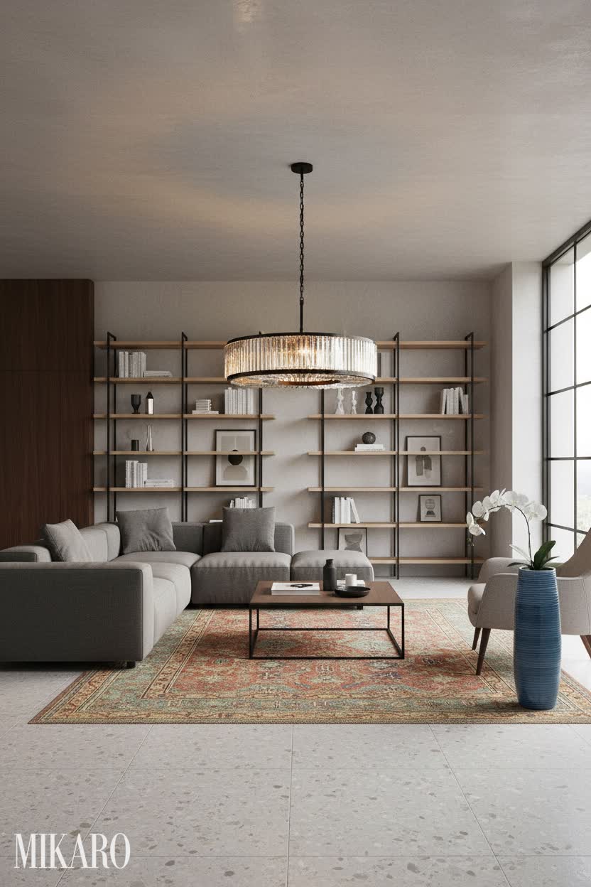 Bauhaus-Inspired Living: Crystal Chandelier, Modern Vase & Washable Terracotta Rug Decor