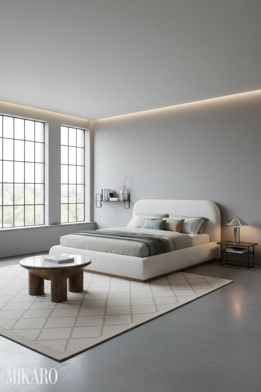 Bauhaus-Inspired Luxury Bedroom: Cream Boucle Bed & Marble Accents