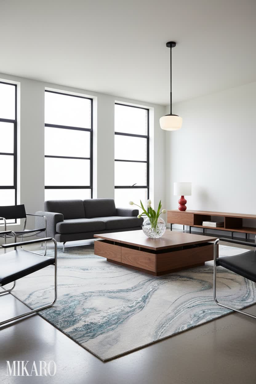 Bauhaus Living Room: Crystal Vase, Expandable Coffee Table & Abstract Rug - Modern Interior Design