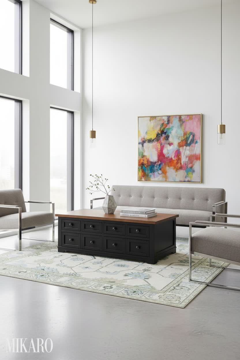 Bauhaus Living Room Design: Modern Minimalism with Farmhouse Coffee Table & Abstract Art