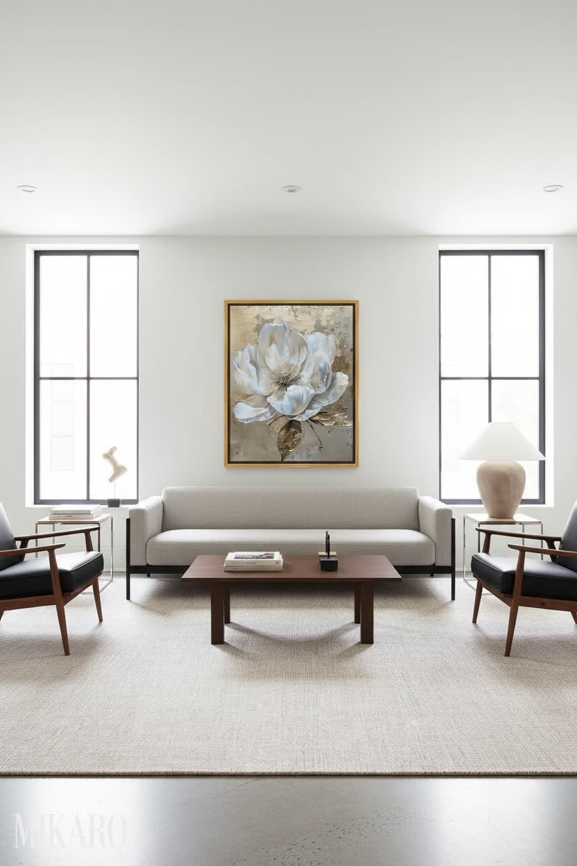 Bauhaus Living Room Design: Modern Minimalist Interior with Abstract Rug & Floral Art