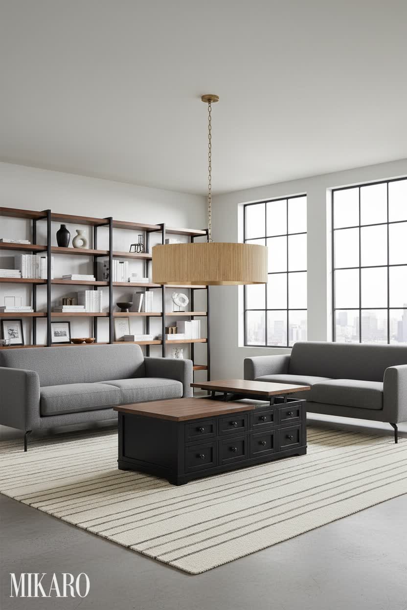 Bauhaus Living Room: Minimalist Luxury with Artisan Chandelier & Modern Farmhouse Coffee Table