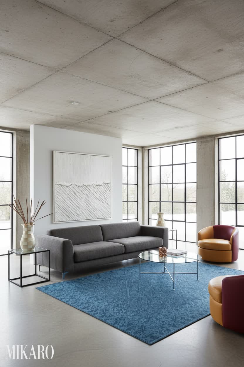 Bauhaus Living Room: Modern Design with Navy Rug & Textured Art