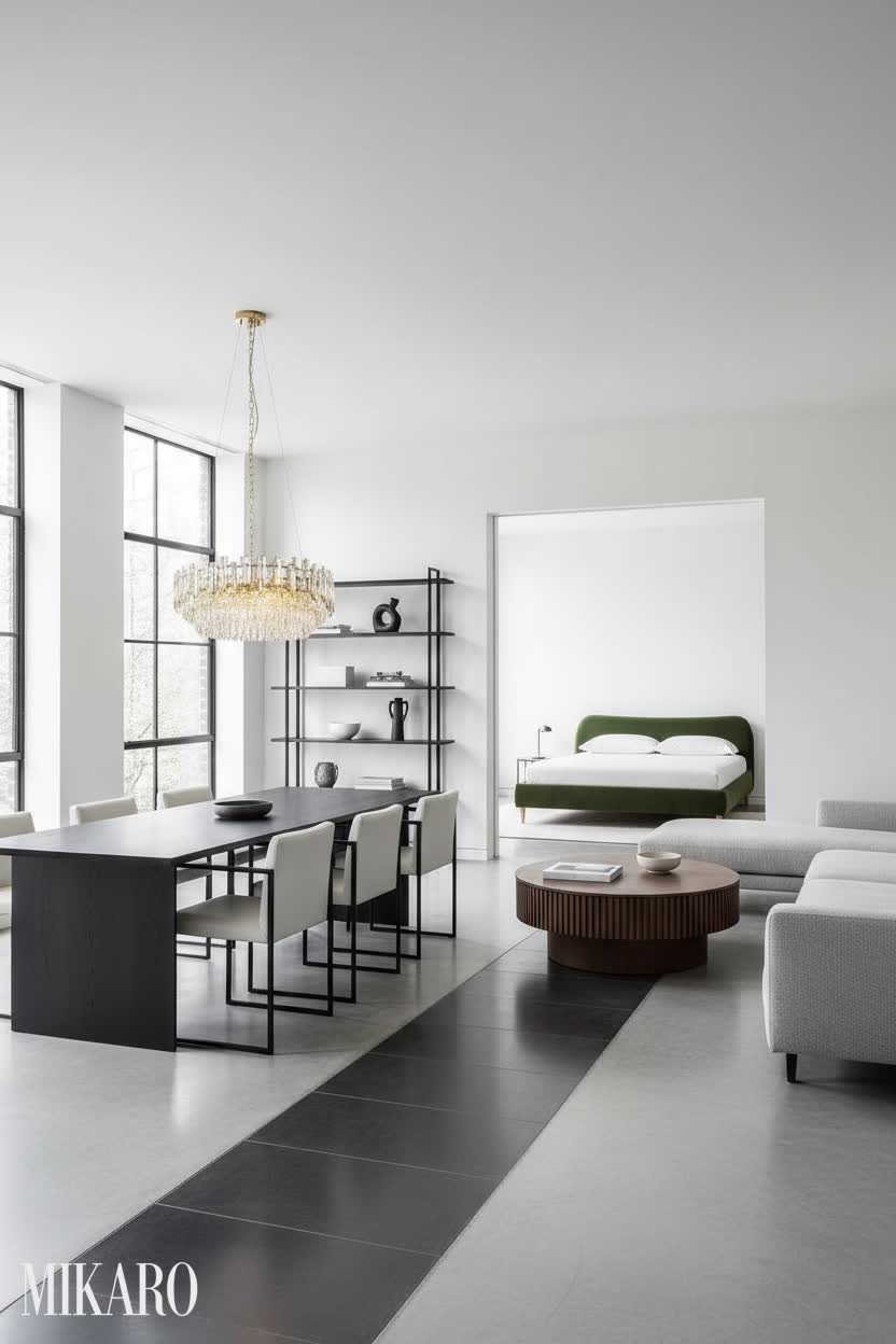 Bauhaus Luxury Living: Crystal Chandelier, Walnut Coffee Table & Velvet Bed Inspiration