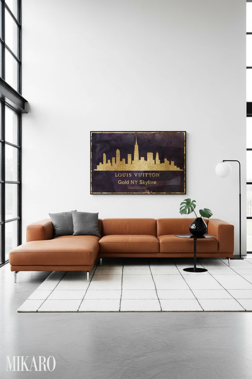 Bauhaus Luxury Living: Modern Sectional, Skyline Art & Sculptural Vase