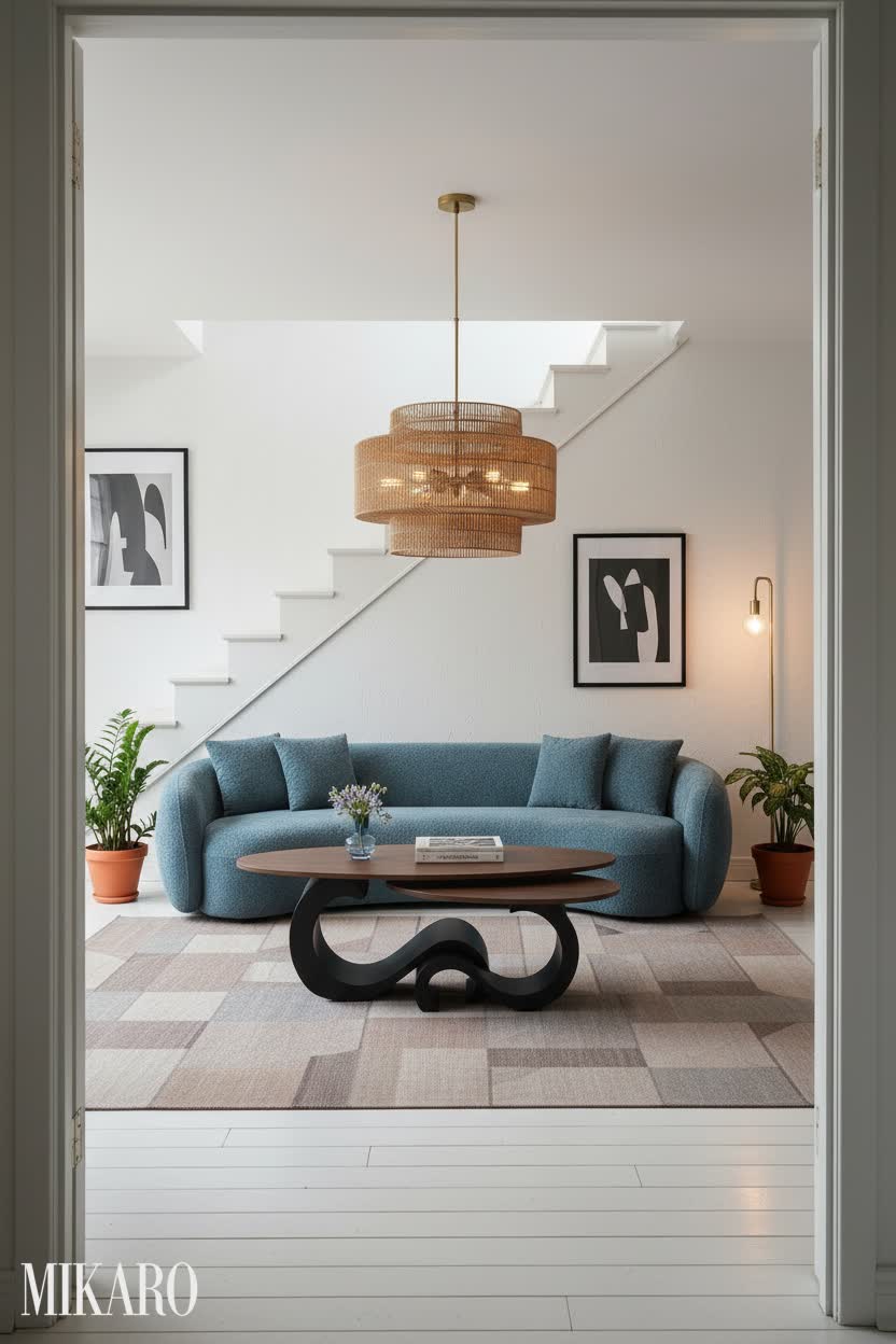 Bauhaus: Modern Under-Stairs Living Room with Rattan Chandelier