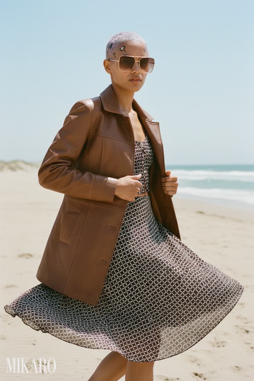 Beachside Chic: Leather Coat and Patterned Skirt
