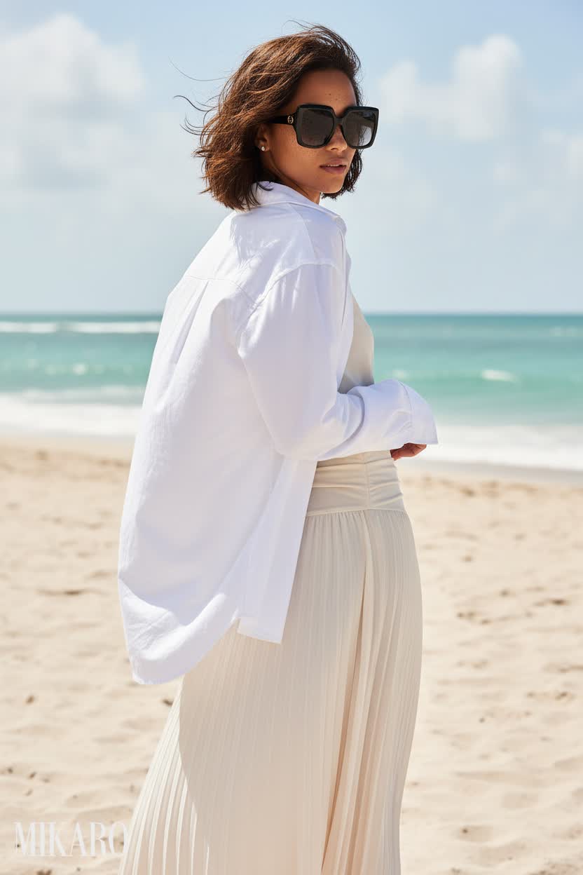 Beachside Chic: Oversized Shirt & Pleated Maxi Skirt