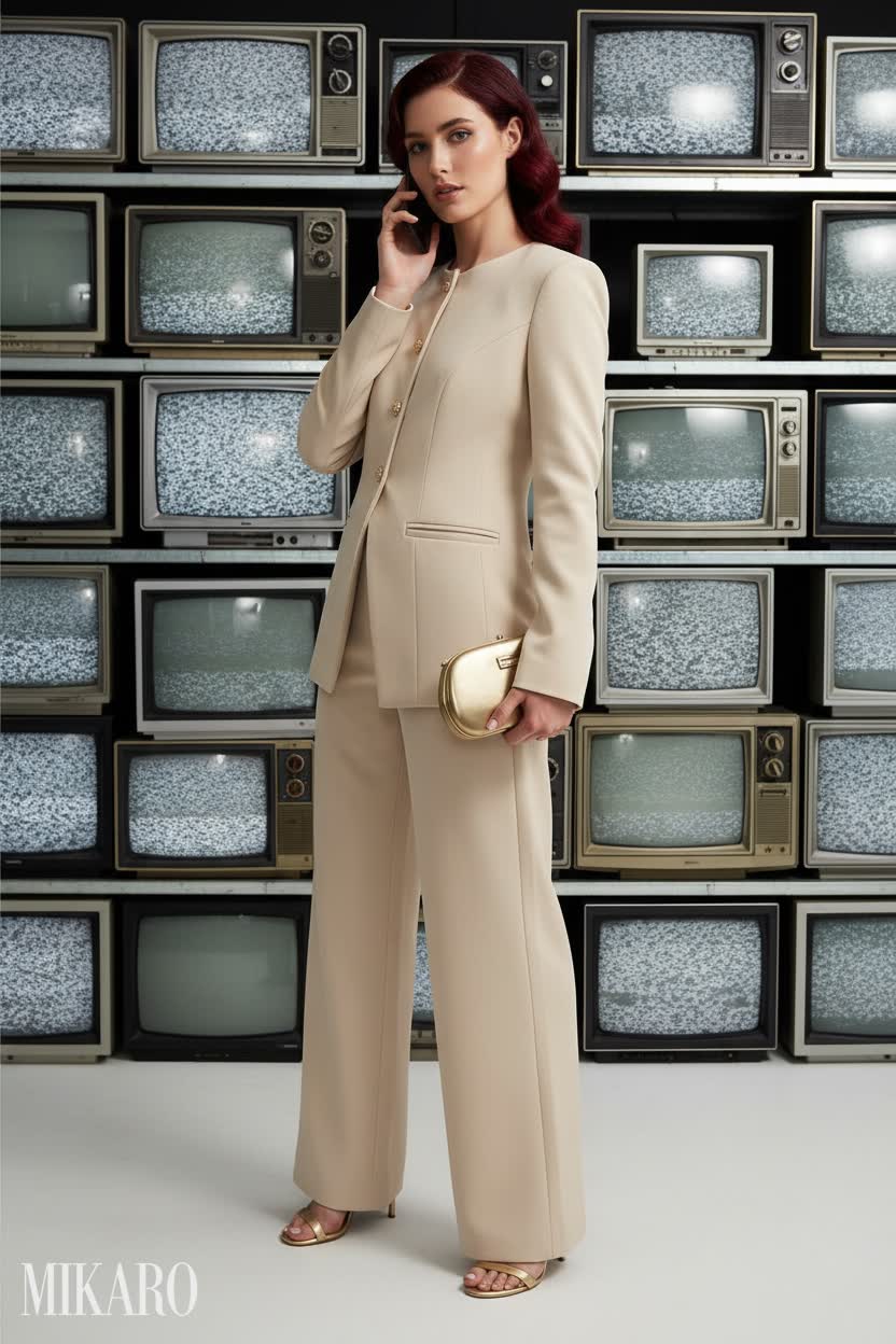 Beige Business Chic Suit with Cherry Cola Waves