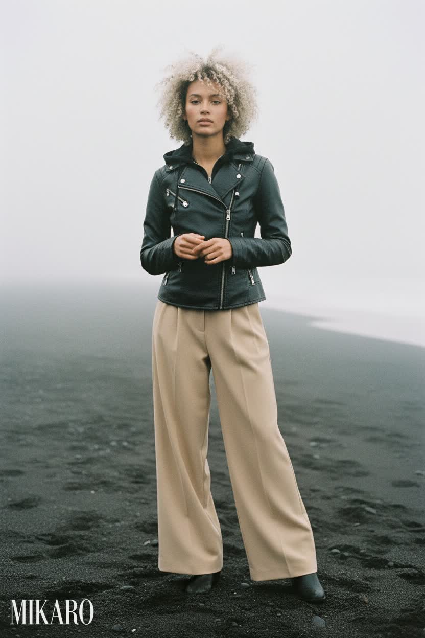 Biker Chic: Faux Leather Jacket & Wide-Leg Trousers