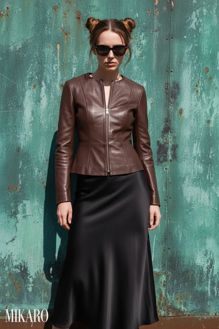 Biker Chic: Leather Jacket & Satin Skirt Ensemble