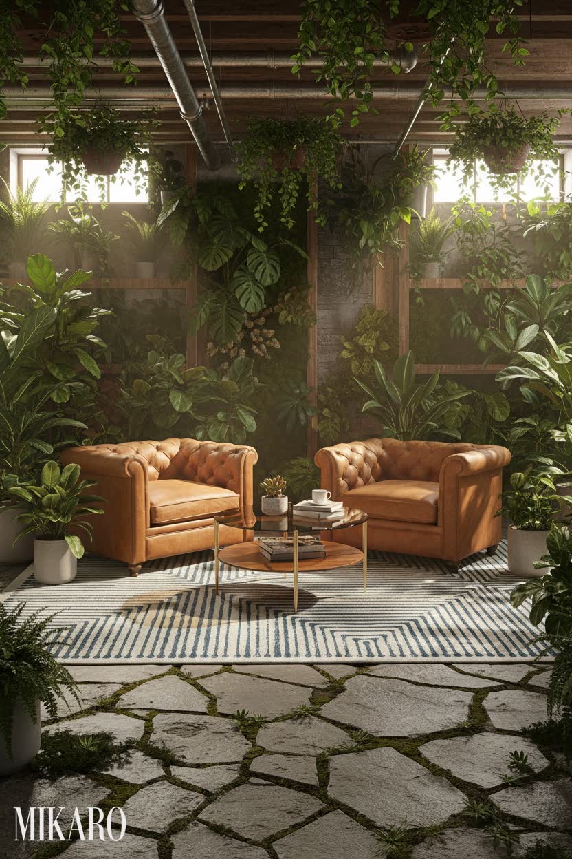 Biophilic Basement: Lush Greenery Meets Modern Comfort in a Cozy Landing