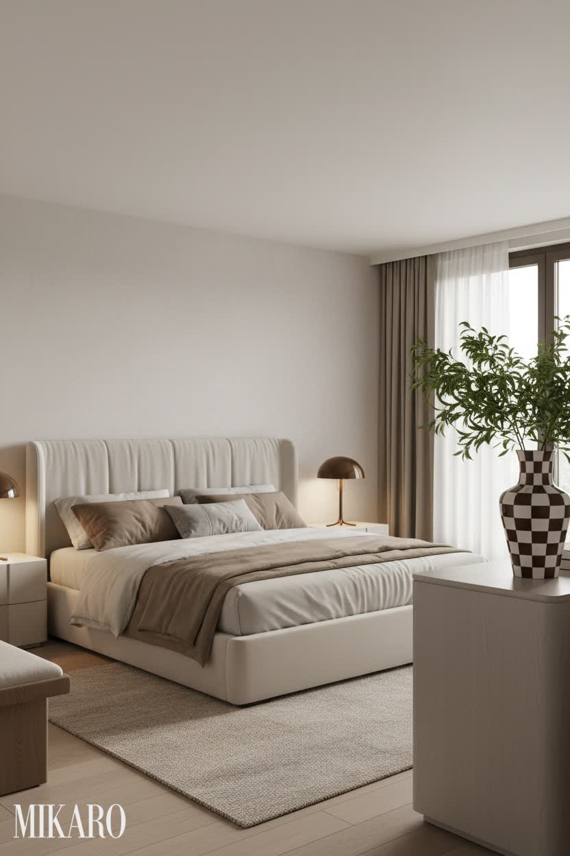 Biophilic Bedroom Oasis: Cream King Bed, Art Lamp & Mocha Check Vase