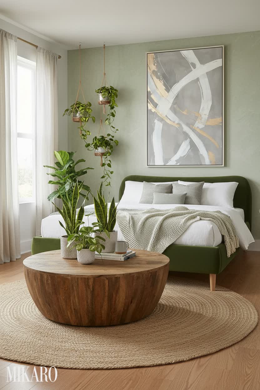 Biophilic Bedroom Oasis: Green Velvet Bed, Natural Wood, Abstract Art & Lush Plants
