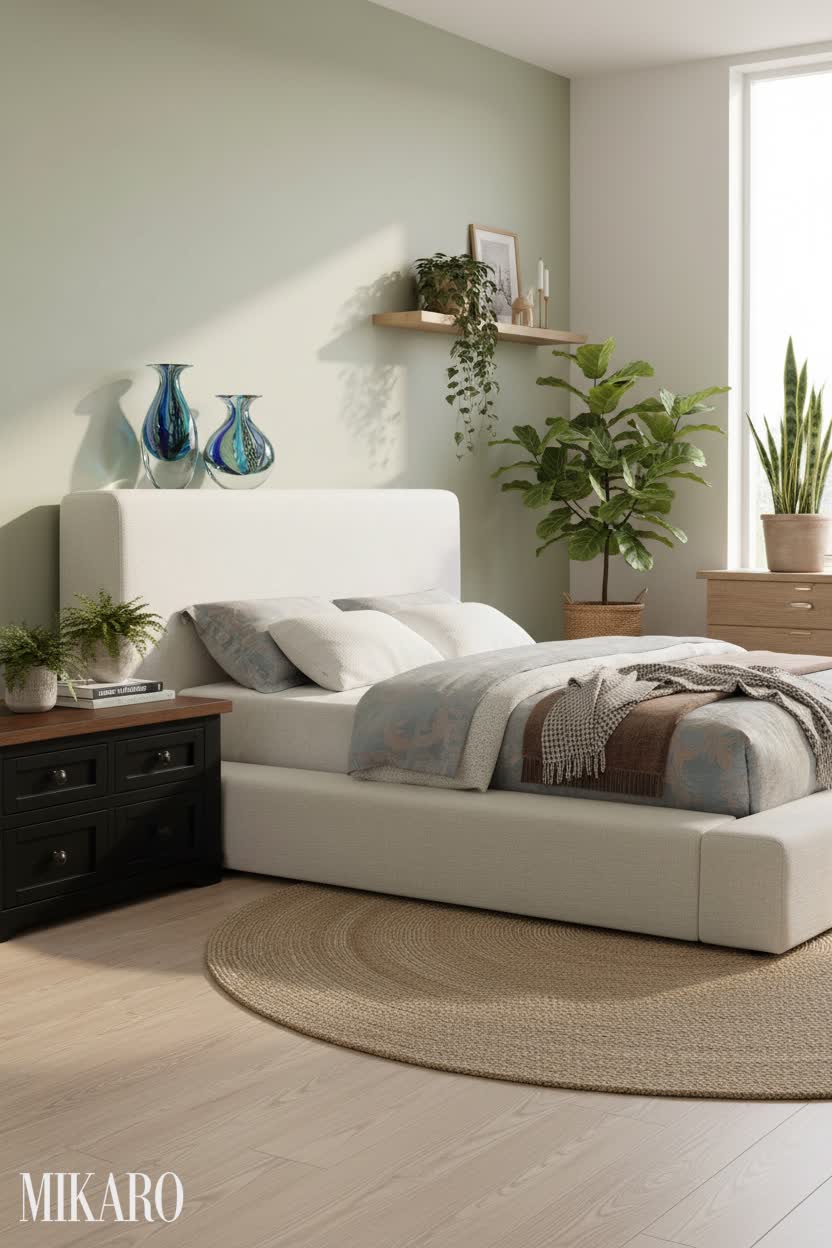 Biophilic Bedroom Oasis: King Bed, Farmhouse Coffee Table, & Murano-Style Vases for a Natural Retreat