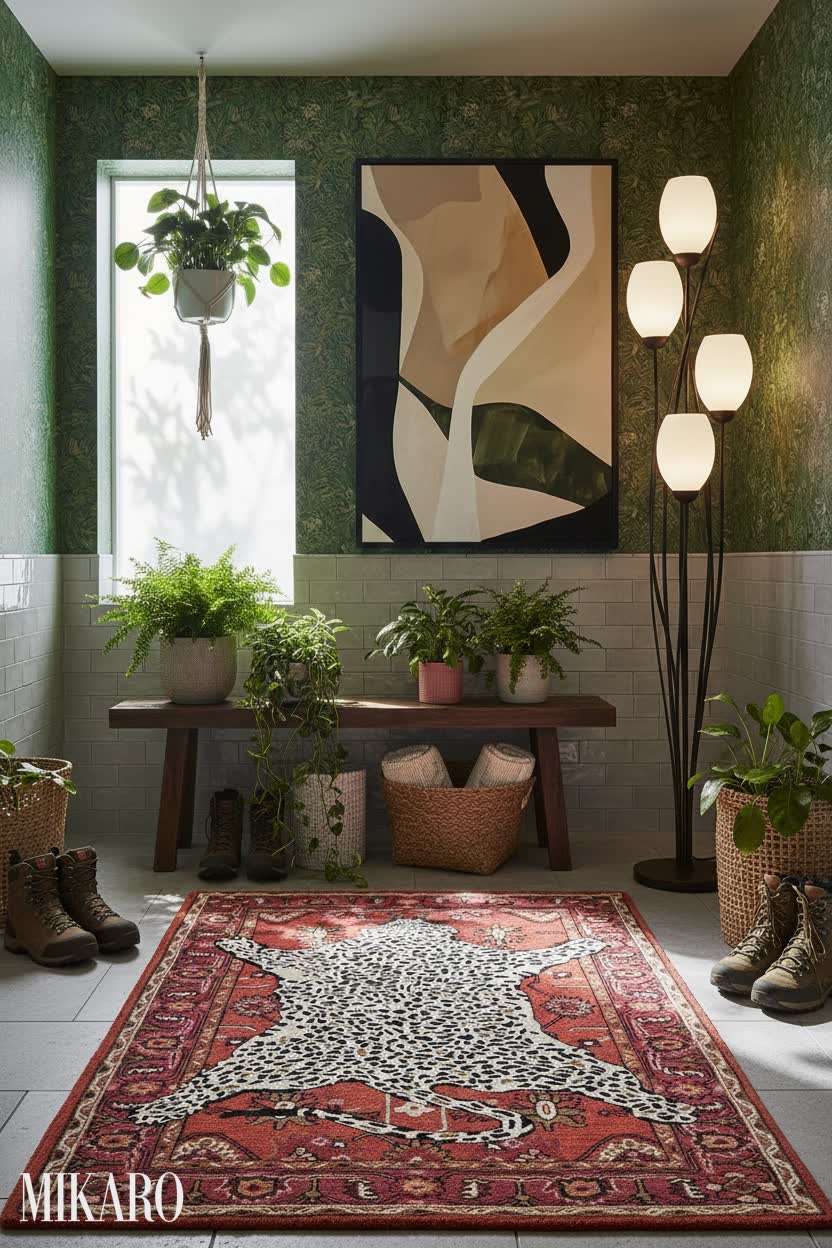 Biophilic Boot Room: Lush Greenery Meets Bold Patterns & Modern Art