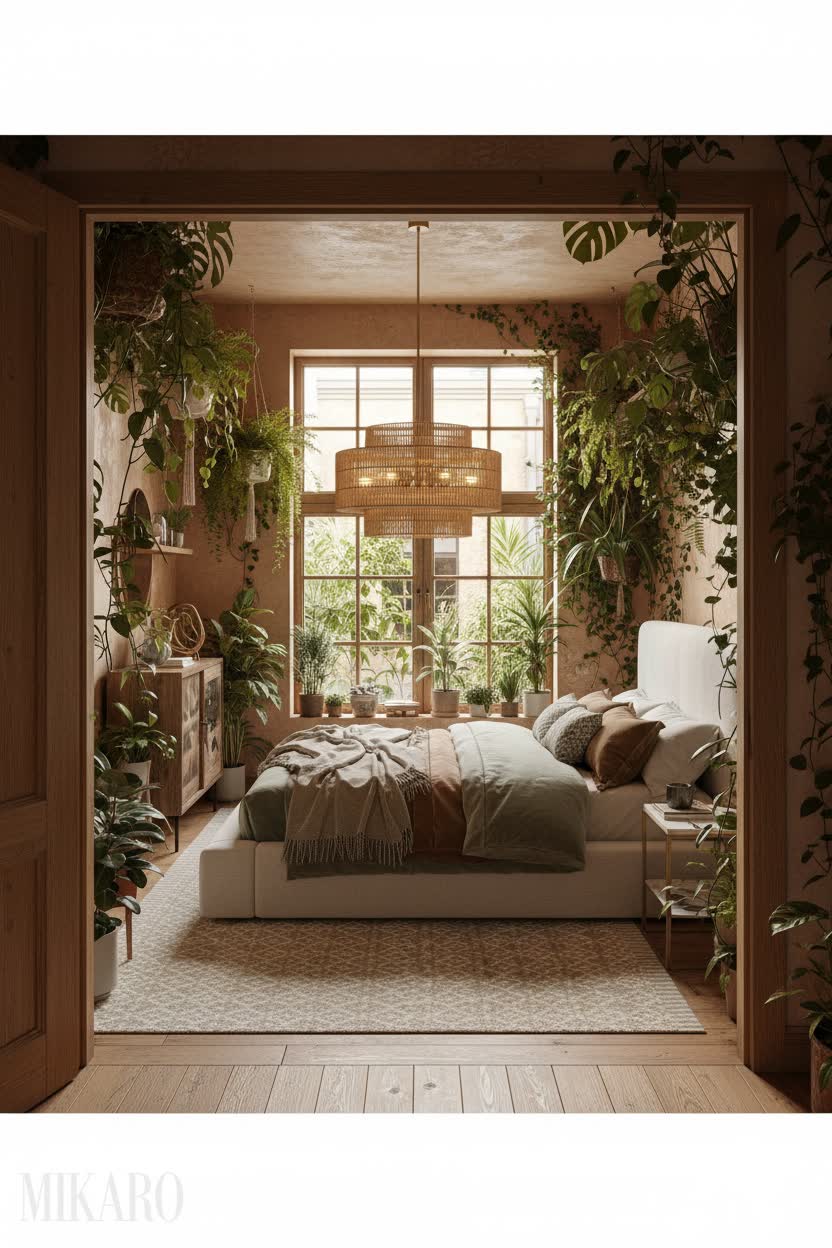 Biophilic: Cozy Attic Bedroom with Urban Greenery and Natural Textures
