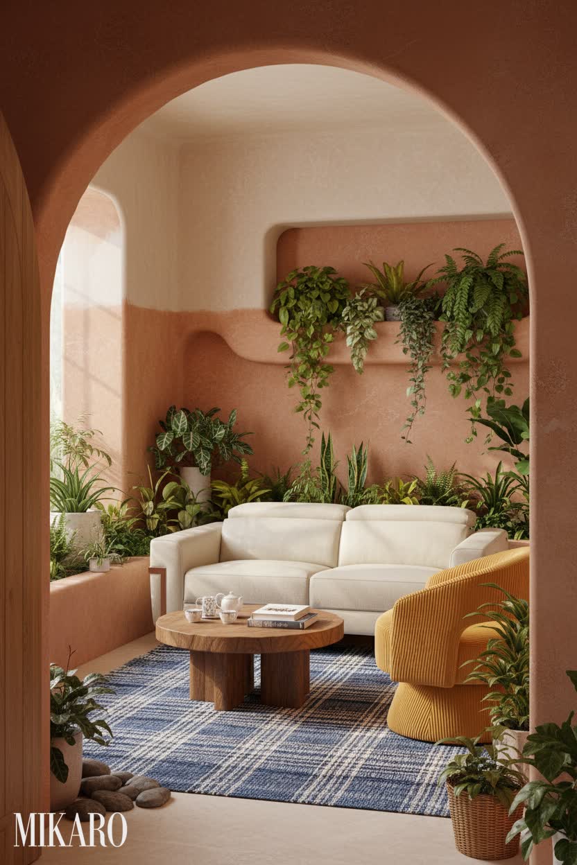 Biophilic: Cozy Conversation Pit with Earthy Tones and Lush Greenery