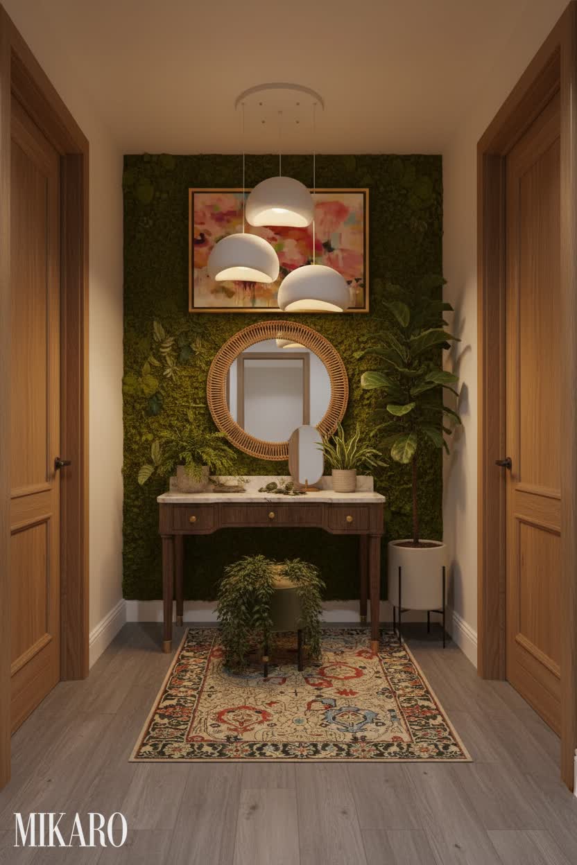 Biophilic Haven: A hallway vanity with natural charm