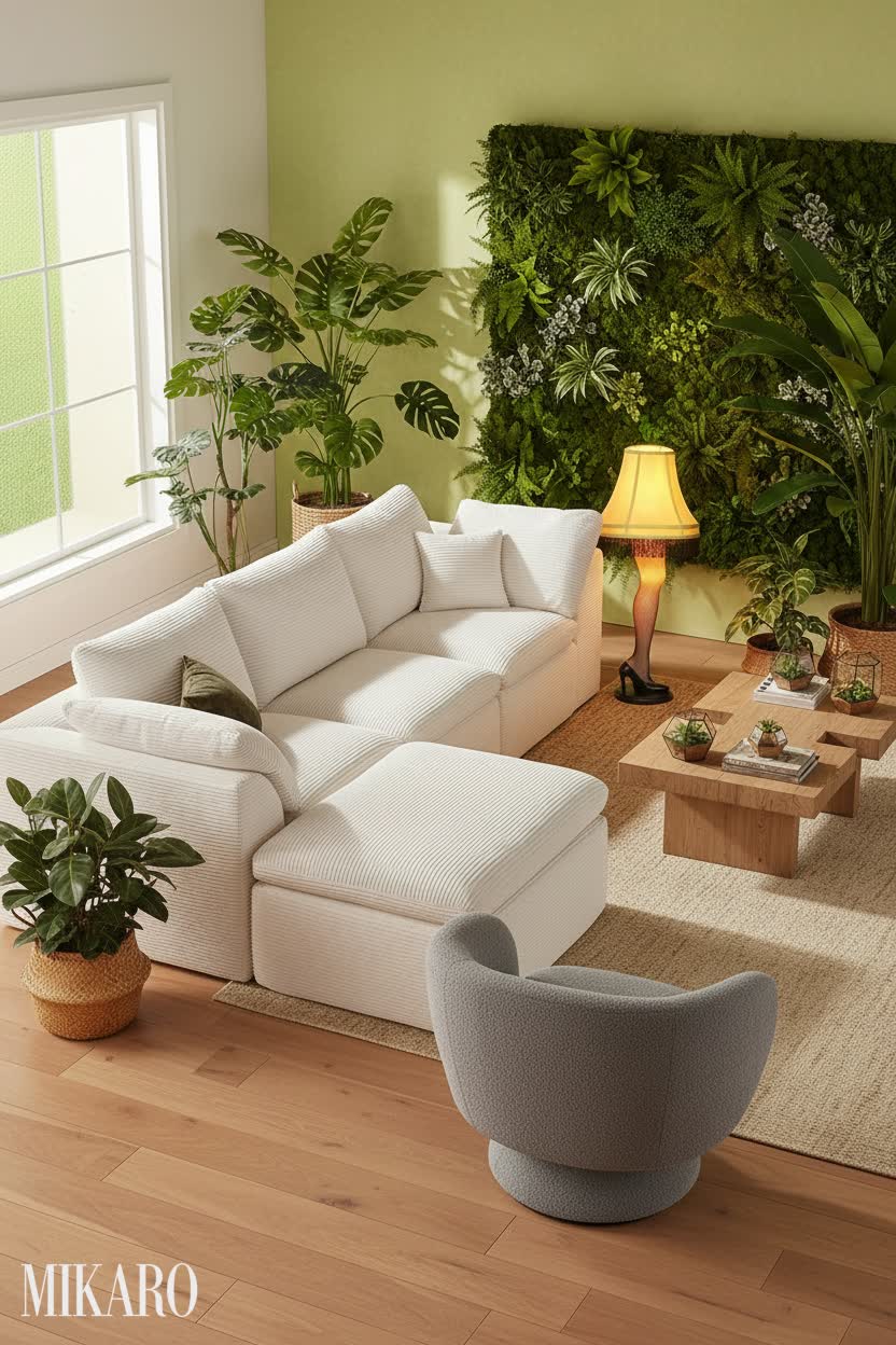 Biophilic living room, white sofa, gray chair, leg lamp, green wall